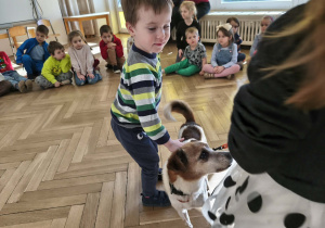 Chłopiec głaszcze pieska.