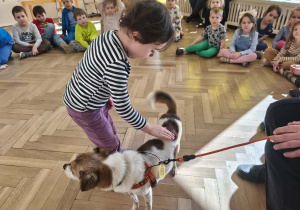 Dziewczynka głaszcze pieska.