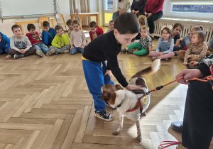 Chłopiec głaszcze pieska.