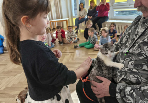 Dziewczynka głaszcze kotka.