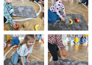 Na zdjęciach widzimy dzieci, które kładą na dywanik produkty wymienione przez n-la potrzebne do wykonania koktajlu.