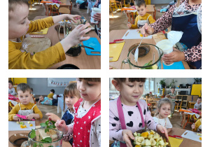 Na zdjęciach widzimy dzieci, które do kielicha blendera wkładają poszczególne produkty potrzebne do wykonania koktajlów.
