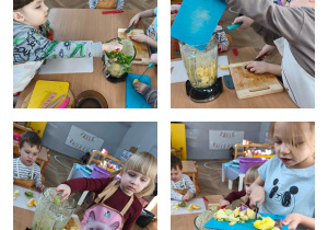 Na zdjęciach widzimy dzieci, które do kielicha blendera wkładają poszczególne produkty potrzebne do wykonania koktajlów.