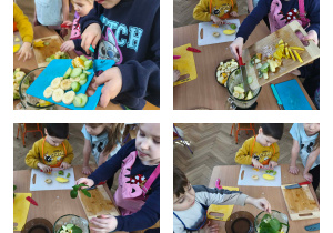 Na zdjęciach widzimy dzieci, które do kielicha blendera wkładają poszczególne produkty potrzebne do wykonania koktajlów.