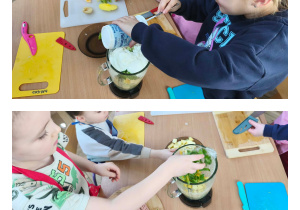 Na zdjęciach widzimy dzieci, które do kielicha blendera wkładają poszczególne produkty potrzebne do wykonania koktajlów.