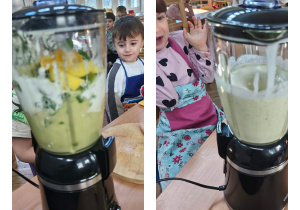 Na zdjęciach widzimy dzieci, które obserwują pracę blendera kielichowego.