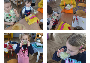Na zdjęciach widzimy dzieci, które degustują wykonanych koktajli.