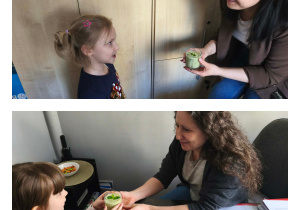 Na zdjęciach widzimy dzieci, które częstują Panią Dyrektor i Panią Ewę wykonanym koktajlem.