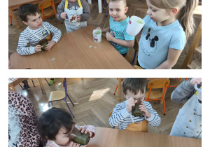 Na zdjęciach widzimy dzieci, które degustują wykonanych koktajli.