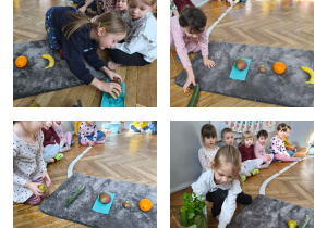 Na zdjęciach widzimy dzieci, które kładą na dywanik produkty wymienione przez n-la potrzebne do wykonania koktajlu.