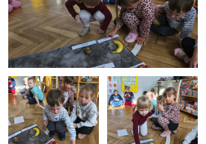 Na zdjęciu u góry widzimy dziewczynki, które dopasowują nazwę owocu w języku angielskim. Na zdjęciach poniżej widzimy dzieci, które dopasowują ilustracje do owoców.