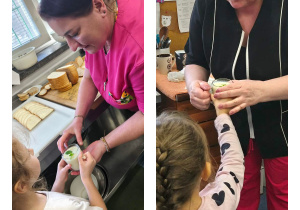 Na zdjęciach widzimy dzieci, które częstują Panią Żanetkę i Panią Anię wykonanym koktajlem.