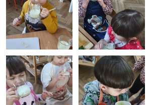 Na zdjęciach widzimy dzieci, które degustują wykonanych koktajli.