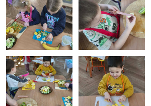 Na zdjęciach widzimy dzieci, które kroją produkty do wykonania koktajlów.