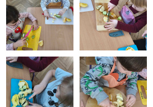 Na zdjęciach widzimy dzieci, które kroją produkty do wykonania koktajlów.