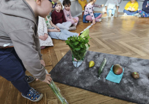 Na zdjęciu widzimy chłopca, który kładzie na dywanik natkę pietruszki.