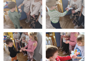 Na zdjęciach widzimy dziewczynki, które otrzymują drobne upominki przygotowane przez chłopców.