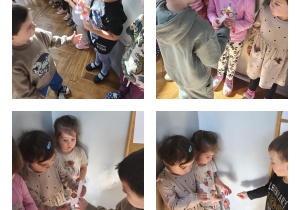 Na zdjęciach widzimy dziewczynki, które otrzymują drobne upominki przygotowane przez chłopców.