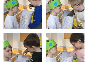 Na zdjęciach widzimy dzieci, które częstują się przygotowanymi przez Jubilata upominkami.