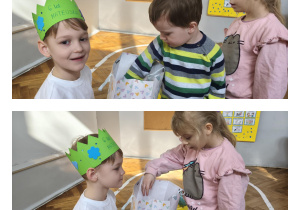 Na zdjęciach widzimy dzieci, które częstują się przygotowanymi przez Jubilata upominkami.