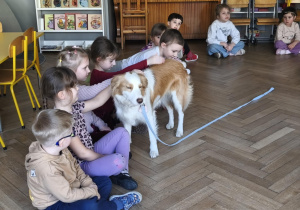 Na zdjęciu widzimy psa, który głaskany jest przez dzieci.