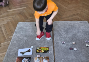 Na zdjęciu widzimy dziecko, które układa kartonik na zdjęciu przedstawiającym awokado - produktu, którego psy nie mogą jeść.