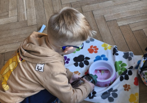 Na zdjęciu widzimy chłopca, który wlewa do miski wodę dla psa.