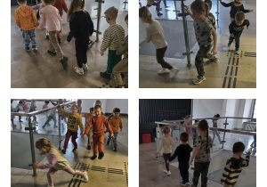 Na zdjęciach widzimy dzieci, które w różny sposób idą wokół szkalnej konstrukcji.