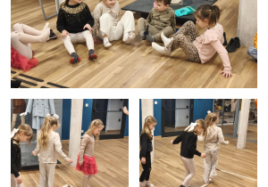 Na górnym zdjęciu widzimy dzieci, które przekładają za pomocą stóp różne przedmioty. Na dolnym zdjęciu widzimy dzieci, które pokonują tor sensoryczny.