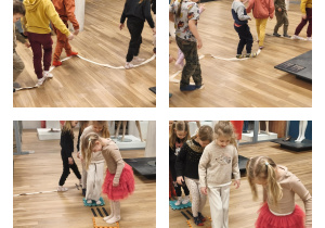 Na dolnym zdjęciu widzimy dzieci, które pokonują tor sensoryczny.