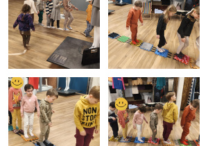 Na dolnym zdjęciu widzimy dzieci, które pokonują tor sensoryczny.