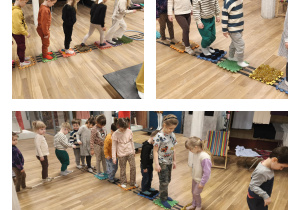 Na dolnym zdjęciu widzimy dzieci, które pokonują tor sensoryczny.