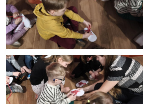 Na zdjęciach widzimy dzieci, które wiążą sznurowadło.