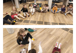 Na zdjęciach widzimy dzieci, które przekładają za pomocą stóp różne przedmioty.