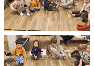 Na zdjęciach widzimy dzieci, które przekładają za pomocą stóp różne przedmioty.