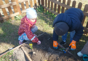 dzieci sadzące kwiaty w ogrodzie