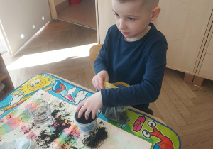 chłopiec, który przesadza do doniczki swoja fasolę z łodyżką i liśćmi