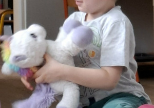 chłopiec trzyma maskotkę jednorożca