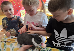 dzieci głaszczą królika