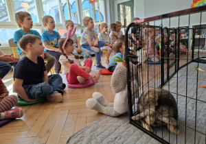 dzieci siedzą na krzesłach i poduchach, z prawej strony, w zagrodzie widać królika