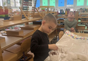 Zdjęcie przedstawia chłopca sypiącego ziarenka.