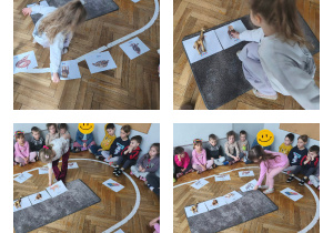 Na zdjęciach widzimy dzieci, które odgadły zagadkę słuchową i odszukują rozwiązania na ilustracjach i figurkach zwierząt egzotycznych.