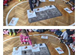 Na zdjęciu widzimy grupkę dzieci, które uczestniczą w zabawie ruchowej, której celem jest naśladowanie wymienionych zwierząt egzotycznych.