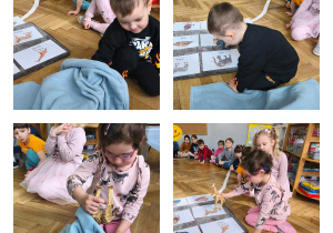 Na zdjęciach widzimy dzieci, które wyciągają z pudełka figurki zwierząt egzotycznych i przyporządkowują je do odpowiedniej ilustracji znajdującej się na dywaniku.