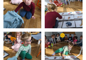 Na zdjęciach widzimy dzieci, które wyciągają z pudełka figurki zwierząt egzotycznych i przyporządkowują je do odpowiedniej ilustracji znajdującej się na dywaniku.