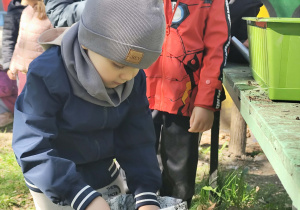 chłopiec wsypuje ziemię do doniczek