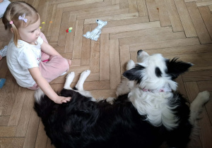 Dziewczynka delikatnie dotyka leżącego psa