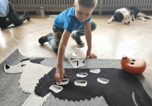 Dziecko ukłąda na macie psa- wskazana ilość pchełek jak wzór dla pozostałych dzieci