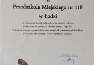podziekowania za organizację zbiórki dla zwierząt ze schroniska w Łodzi