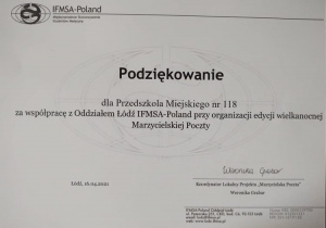podziękownia za współpracę z oddziałem Łódź IFMSA-Poland przy organizacji edycji wielkanocnej marzycielskiej poczty